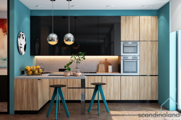 Kitchen set minimalis dengan island countertop berwarna kontras